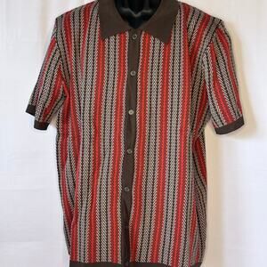 ZFANDA Knit Polo Shirt Brown Red White Pattern Button Front Men’s M L